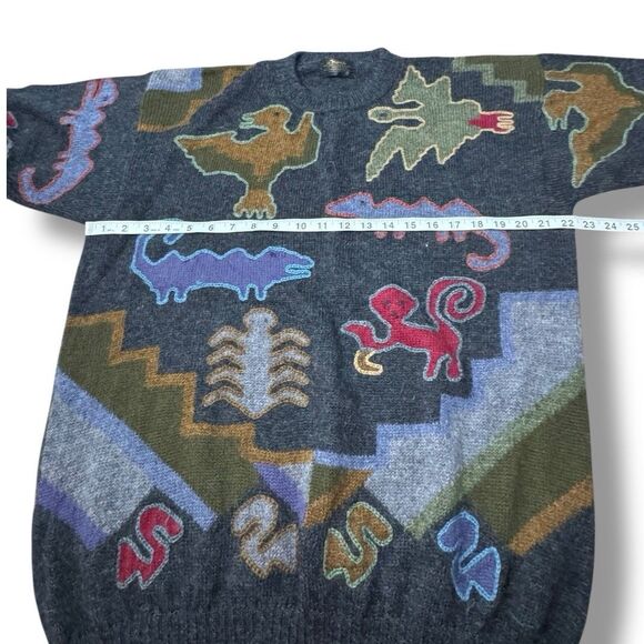 Perez Vintage Aztec Animal Dinosaur Knit Crewneck Sweater Alpaca Men’s Size XL - Picture 4 of 8